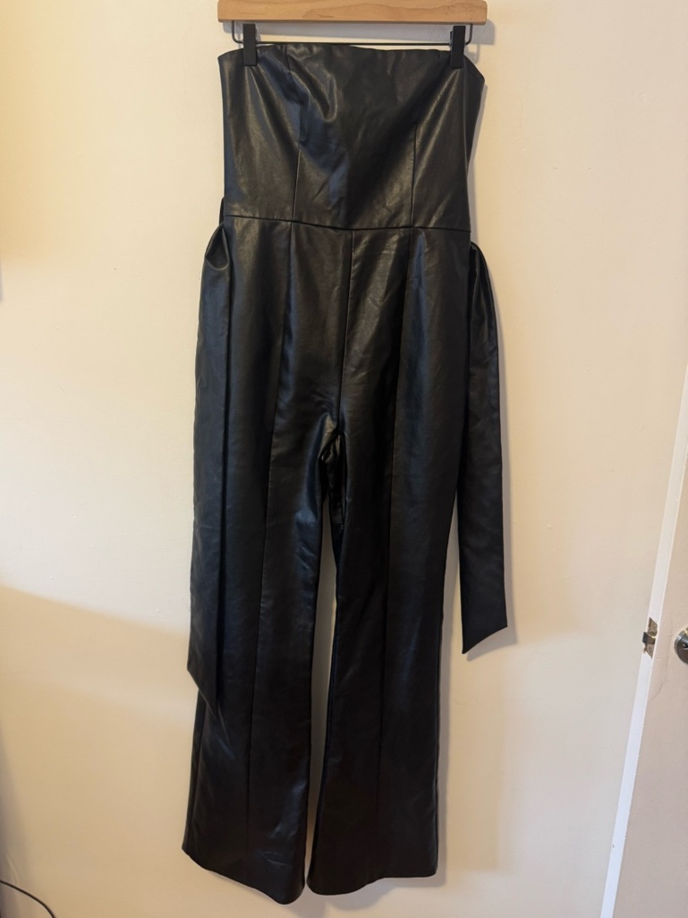 Majorelle Black Strapless Faux Leather Wide-Leg Jumpsuit Small